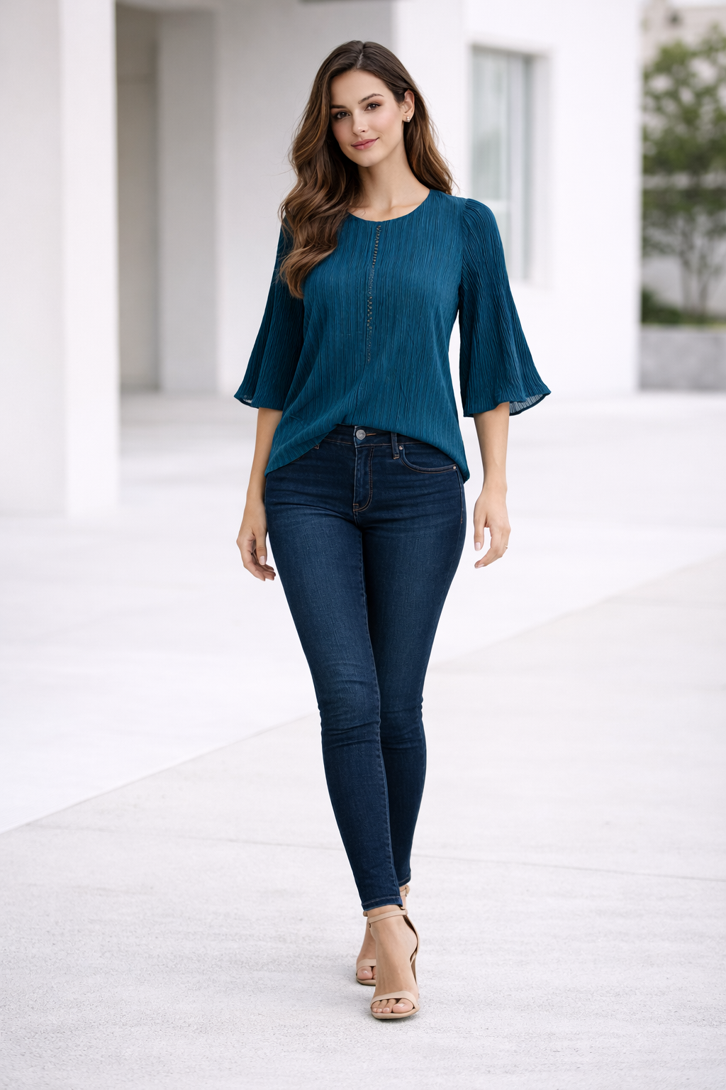 womens-pleated-bell-sleeve-stretchable-cotton-top-teal-1.png