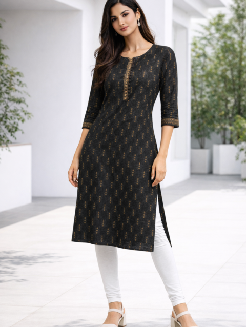 Women’s Black Gold Printed Straight Cotton Kurti