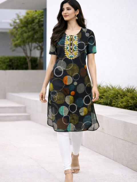 Women’s Black Multicolor Abstract Printed Cotton Kurti