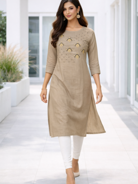 Women’s Elegant Beige Silk Embroidered Kurti