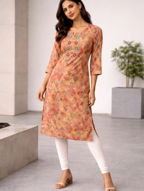 Women’s Multicolor Geometric Printed Silk Kurti