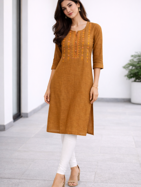 Women’s Mustard Yellow Embroidered Cotton Kurti