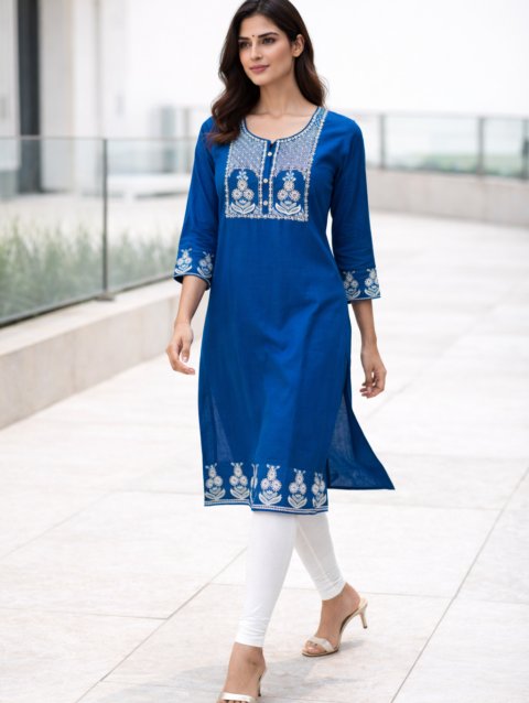 Women’s Royal Blue Embroidered Straight Rayon Kurti