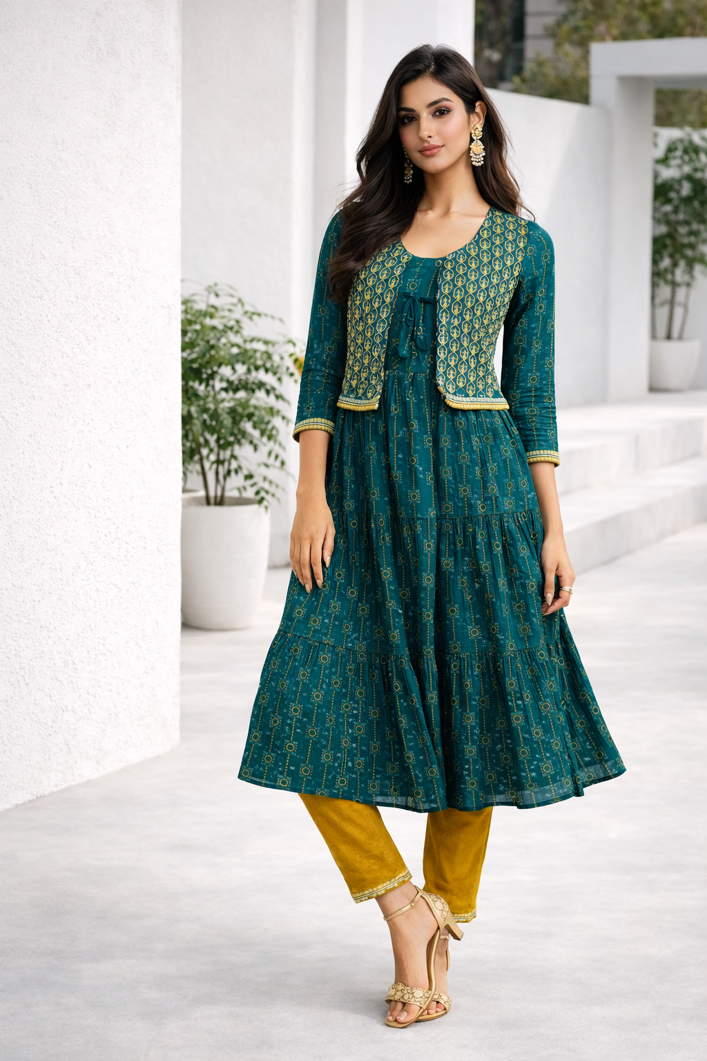 womens-teal-printed-tiered-kurti-with-mustard-pant-set-1.png