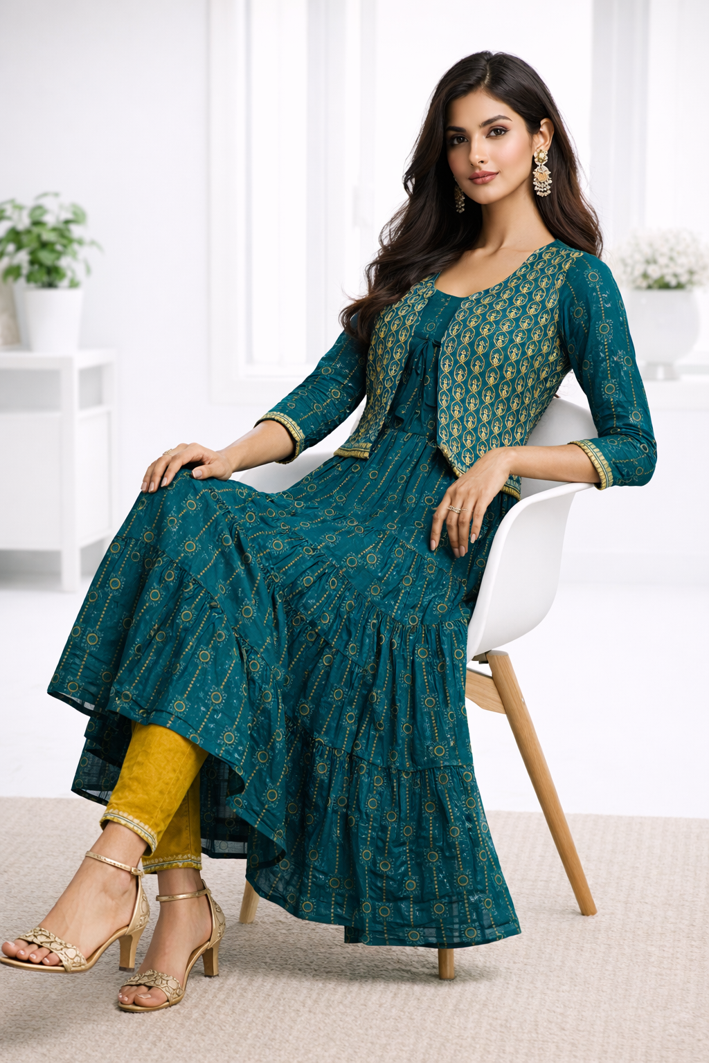 womens-teal-printed-tiered-kurti-with-mustard-pant-set-2.png