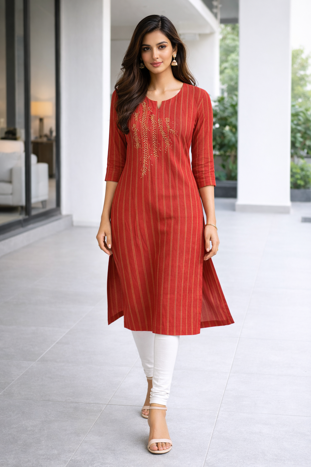 navy-blue-striped-embroidered-rayon-kurti-red-1