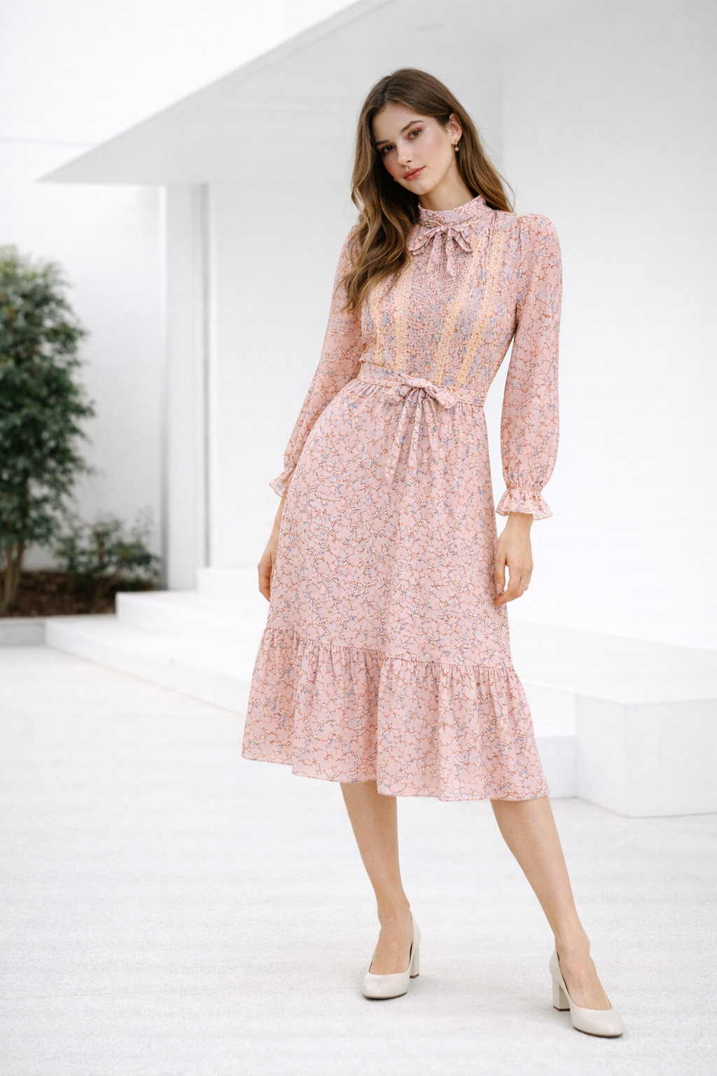 womens-blush-pink-floral-tie-neck-midi-dress-1.png